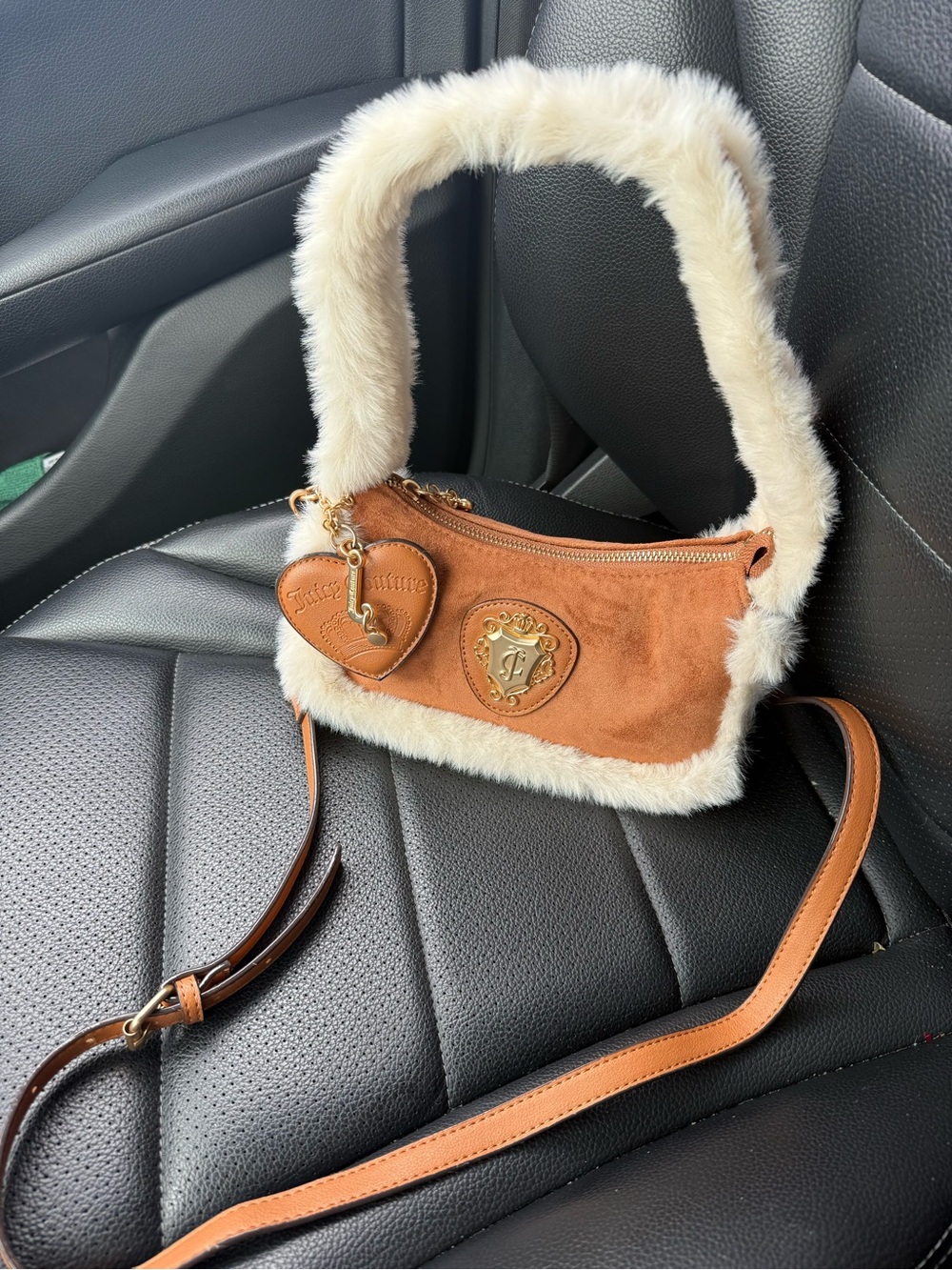 Juicy Couture Faux Fur Trim Suede Shoulder Bag in Brown
